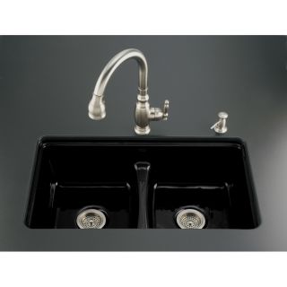 KOHLER Black Black 7 Hole Double Basin Cast Iron Undermount Kitchen Sink