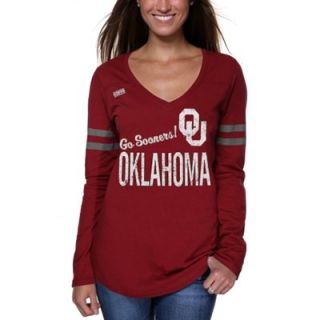 Oklahoma Sooners Ladies Stripe Football Long Sleeve V Neck T Shirt   Crimson