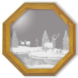 Decorative Framed Mirror Wall Decor With Elk Etched Mirror   Elk Decor   Unique Elk Gift Ideas   Ready To Hang   28" octagon   Wall Mounted Mirrors