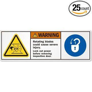 Rotating blades could cause severe injury. Lock out, Paper Labels, 25 Labels / pack, 8.25" x 2.75" Industrial Warning Signs