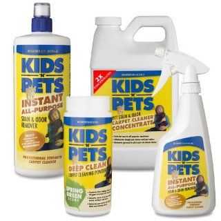 KIDS N PETS Carpet Cleaning 4 pack Contains 2x Carpet & Upholstery Concentrate 48 oz., KIDS N PETS Stain & Odor Remover with sprayer 16 oz., KIDS N PETS Stain & Odor Remover Refill 32 oz., KIDS N PETS Deep Clean Carpet Powder Spring Green 16 