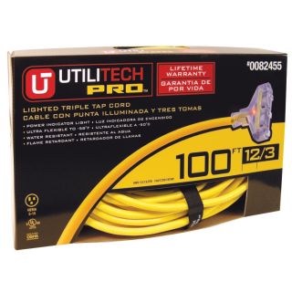 Utilitech 100 ft 15 Amp 3 Outlet 12 Gauge Yellow Outdoor Extension Cord