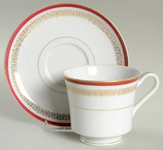 Castle Court Elegante Footed Cup & Saucer Set, Fine China Dinnerware   Red Band,