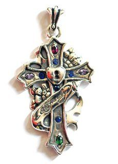 Ed Hardy By Christian Audigier Cross with Heart Lock, Flowers and Ed Hardy Ribbon, Stylized Fleur Des Lis Bail, and CZ Accents in Stainless Steel Pendants Jewelry