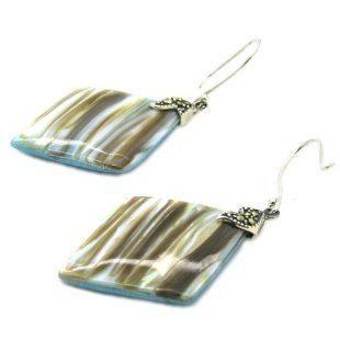 Turquoise & Penguin Shell Drop Earrings, Different Patterns of Two Sides, Rhombus Shape Jewelry