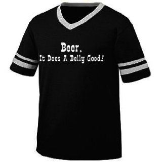 Beer. It Does A Belly Good Mens Ringer T shirt, Funny Drinking Sayings V neck Shirt, Small, Black/White Clothing