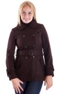 Clothes Effect Ladies Brown Wool Blend Belt Waist Button Pea Coat Wool Outerwear Coats