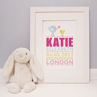 personalised little birds birth print by milly bee