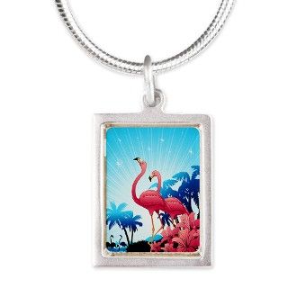 Pink Flamingos on Blue Tropical Landscape Necklace by Bluedarkartgifts