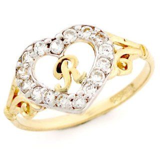 10k Gold Heart Shape Letter 'R' Initial CZ Ring Jewelry Jewelry