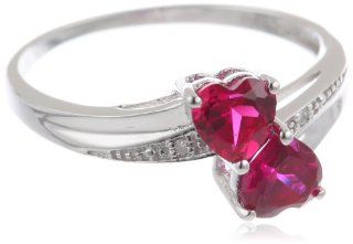 Double Heart Shaped Created Ruby and Diamond Birthstone Ring in Sterling Silver Jewelry