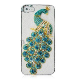Luxury Designer White Leather Bling Crystal Case with Handmade Blue Peacock for Apple Iphone 5 