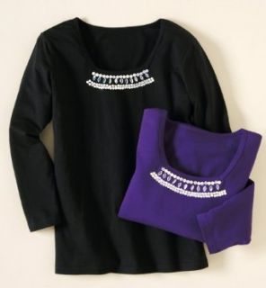 Sequin Neckline Square Neck Cotton Knit Top Misses Black Small Fashion T Shirts