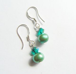 green pearl earrings with swarovski crystals by clutch and clasp