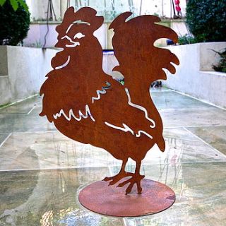 rusted metal cockerel garden sculpture by london garden trading