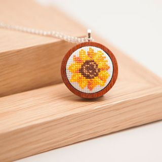 hand embroidered sunflower necklace by handstitched with love
