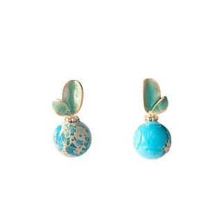 turquoise gem bead sweet leaves stud earrings by norigeh
