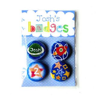 personalised boy's name and age badges by emily parkes art