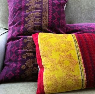 block printed velvet cushion in lime and red by the forest & co