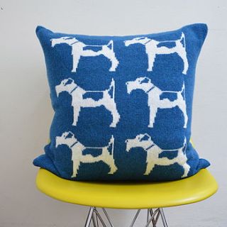 fox terrier knitted lambswool cushion by nervous stitch