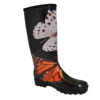 Butterfly Print Rain Boots Black Orange Multi Color Henry Ferrera NY Sizes 6 11 Shoes