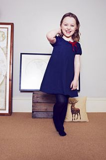 girls navy dress with red bow by bamboo baby