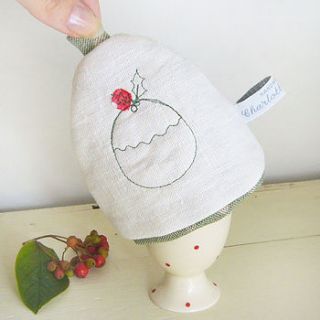 linen figgy pudding egg cosy by charlotte macey