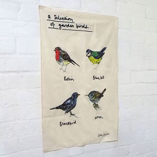 a selection of garden birds tea towel by alice shields ceramics