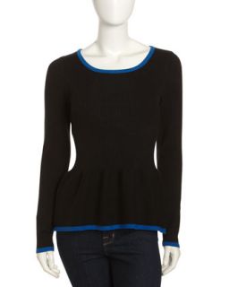 Ribbed Peplum Sweater, Black/Snorkel Blue