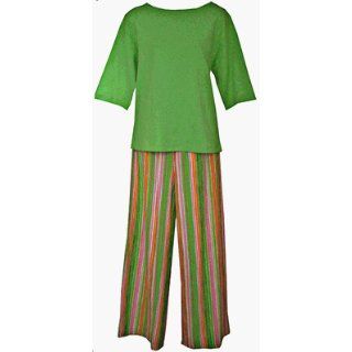 RocketWear Multistripes with Lime Green Top Cotton Knit Loungewear Pajama Sets