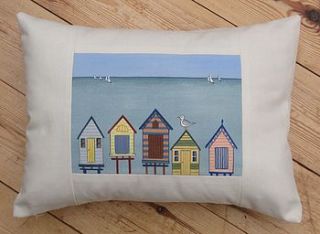 hand painted beach huts cushion by edwina cooper designs