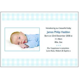 24 photo birth announcements gingham by baby says hello