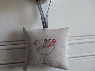 embroidered bird lavender bag by caroline watts embroidery