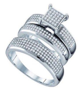 0.63 cttw 10k White Gold Diamond His and Hers Trio Wedding Ring Set Men and Women Matching Wedding Band Sets For Him and Her Micro Pave Trio Set (Real Diamonds 2/3 cttw, Ring Sizes 4 13) Jewelry