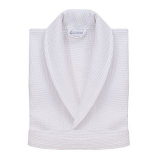 lightweight white waffle travel bath robe by the fine cotton company