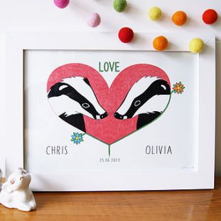 personalised love badgers wedding art print by superfumi