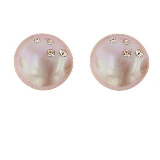 Inlaid Cubic Zirconia with Mauve Coin Freshwater Cultured Pearl Stud Earrings with Sterling Silver Clutch Backs (14 15mm) Jewelry