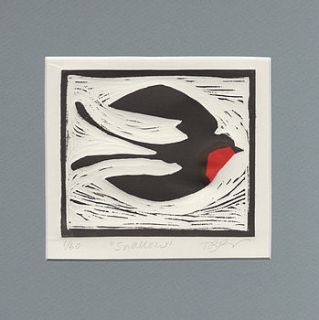 'swallow' linocut print by tozzy bridger