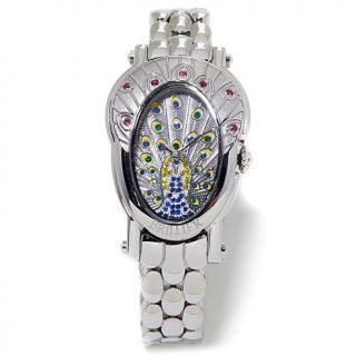 Brillier "Royal Plume" Ruby and Multicolor Crystal Peacock Bracelet Watch