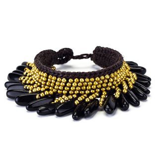 Onyx and Brass Bead Wax Cord Bracelet (Thailand) Bracelets