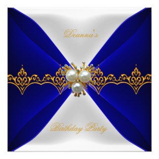 Elegant Royal Blue Birthday Gold Jewel White Silk Personalized Announcements