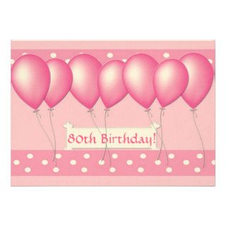80th Birthday Party Invitation, Pink Balloons