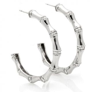 Stately Steel High Polished Crystal Accented Bamboo Designed Hoop Earrings