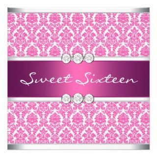 Hot Pink Damask Sweet 16 Party Personalized Invite