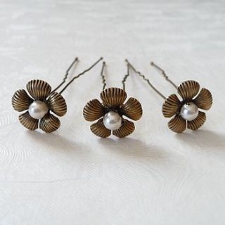 set of three antique gold flower hair pins by katherine swaine