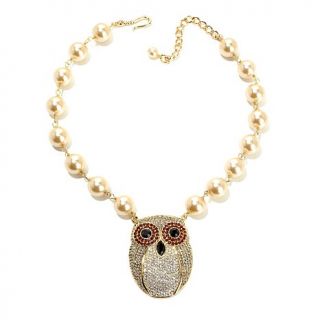 AKKAD "Wise Eyes" Pavé Crystal and Simulated Pearl 17" Owl Necklace