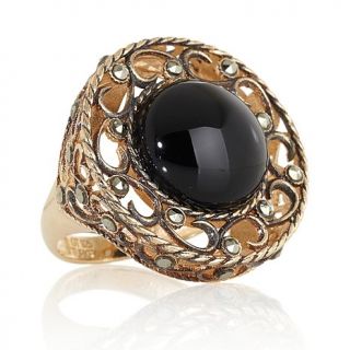 Technibond® Black Onyx and Marcasite Round Swirl Frame Ring