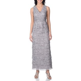 R&M Richards Women's Silver Sequined Multi tiered Lace Gown R & M Richards Evening & Formal Dresses