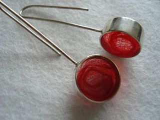 handmade silver and red wool earrings by claire lowe