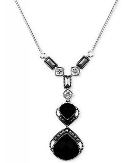 Judith Jack Sterling Silver Black Agate (3 1/10 ct. t.w.), Marcasite (9/10 ct. t.w.) and Cubic Zirconia (3/4 ct. t.w.) Double Drop Pendant Necklace   Fashion Jewelry   Jewelry & Watches